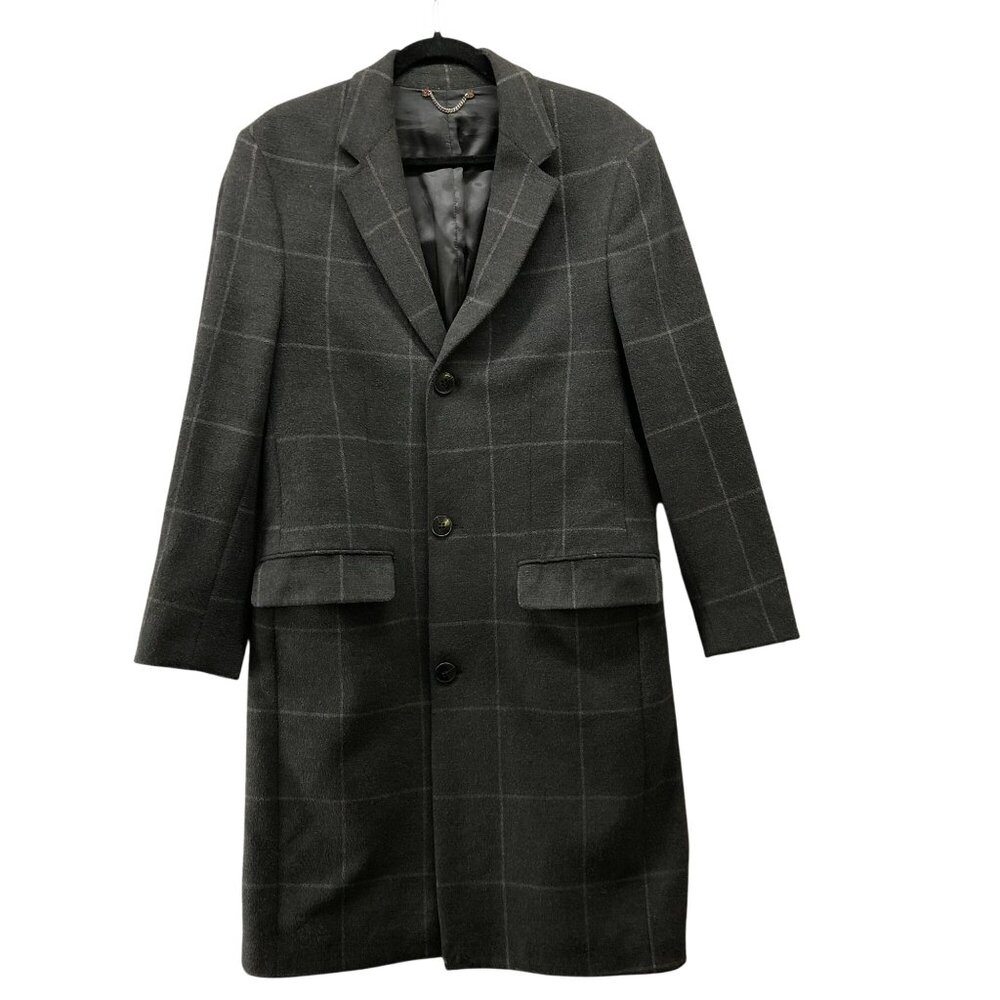 Zara Overcoat Mens M Single Breasted Windowpane‎ Plaid Gray Longline Top Coat